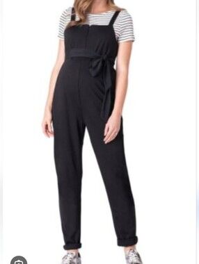 Savi Mom Jumper Black Sleeveless Jumpsuit with Waist Tie In Small